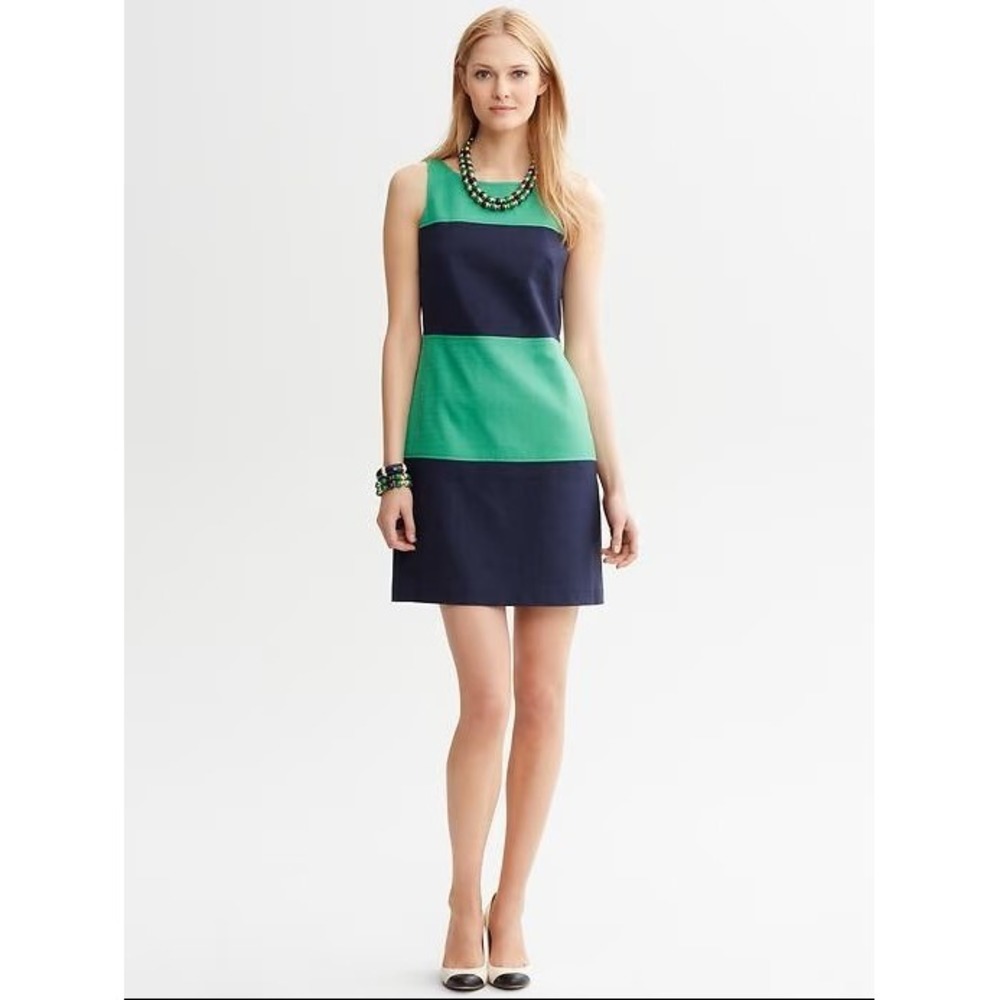 Banana Republic Dress Womens 4 Green Navy Textured Colorblock Sheath Sleeveless